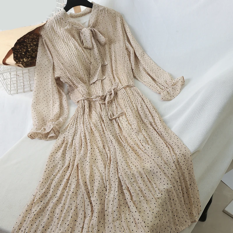 Повседневное корейское женское платье в горошек с бантом и высокой талией до