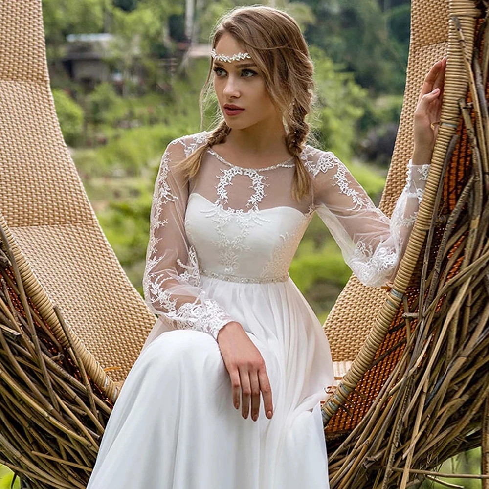 

Cheap Wedding Dresses Chiffon Lace Pleat Bateau Full Sleeve Zipper A-Line Bridal Gowns Novia Do 2021 Vestidos