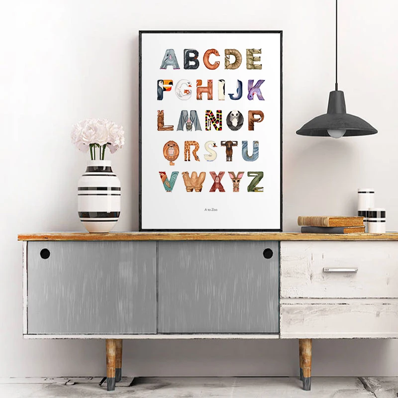 

Alphabet Animal Print ABC Learn Letter Educational Poster Nursery Wall Art Canvas Painting Classroom Kids Room Decoration