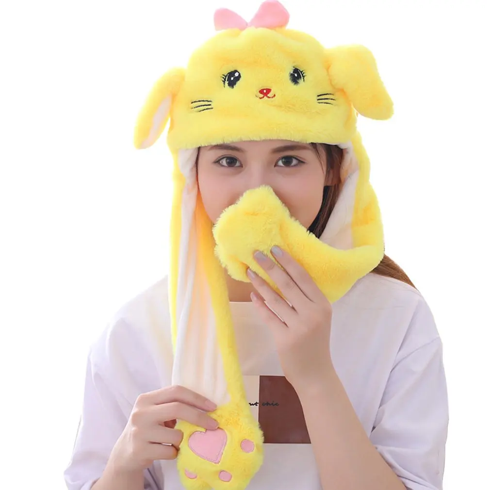 

Girls Animals Ear Moving Jumping Hats Children Women Warm Plush Rabbit Winter Caps Kids Cute Bunny Fuzzy Pinch Airbag Funny Hats