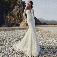 long sleeve mermaid wedding dresses 2021 v neck lace appliques backless formal gorgeous long bridal gown for women sweep train