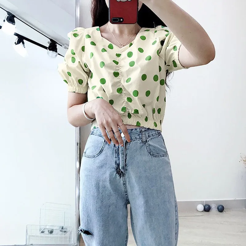 

Retro Style Aging V-neck Bubble Sleeve Shirt Summer Polka Dot Short Sleeve Shirt High Waist Short Polka Dot Shirt Top /