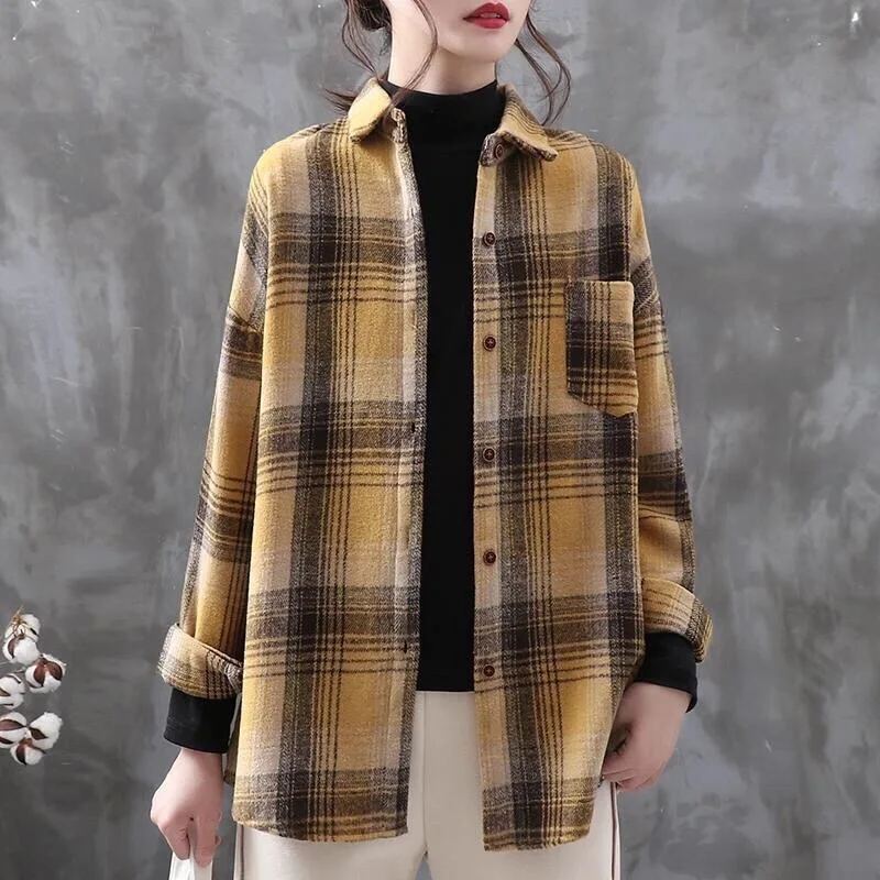 

Womens Tops Casual Vintage Plaid Full Sleeves Women Blouses Cotton Button Up Shirt Winter Thicken Female Blouse Loose Streetwear