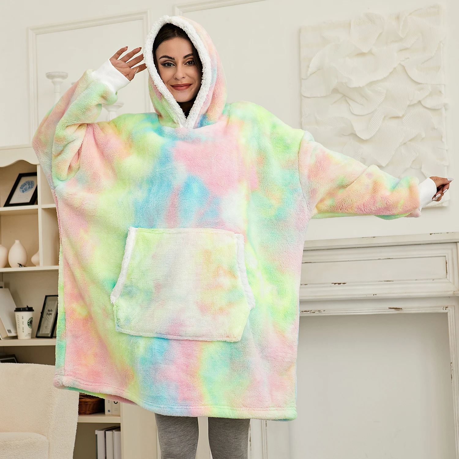 

Weighted Sofa Blanket With Sleeves Tie Dye Soft Fleece Wearable Hooded Blankets Adult Winter Warm Plush Fluffy Blanket Hoodie