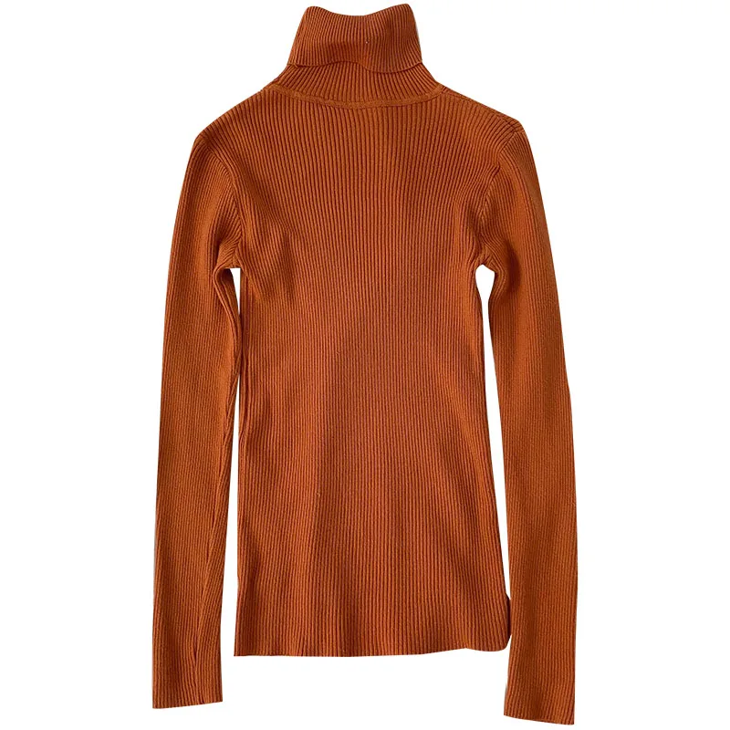 

Solid Knitted Turtleneck Women Sweater Pullovers Long-Sleeved Slim Elastic All Match Buttoming Female Pulls Tops