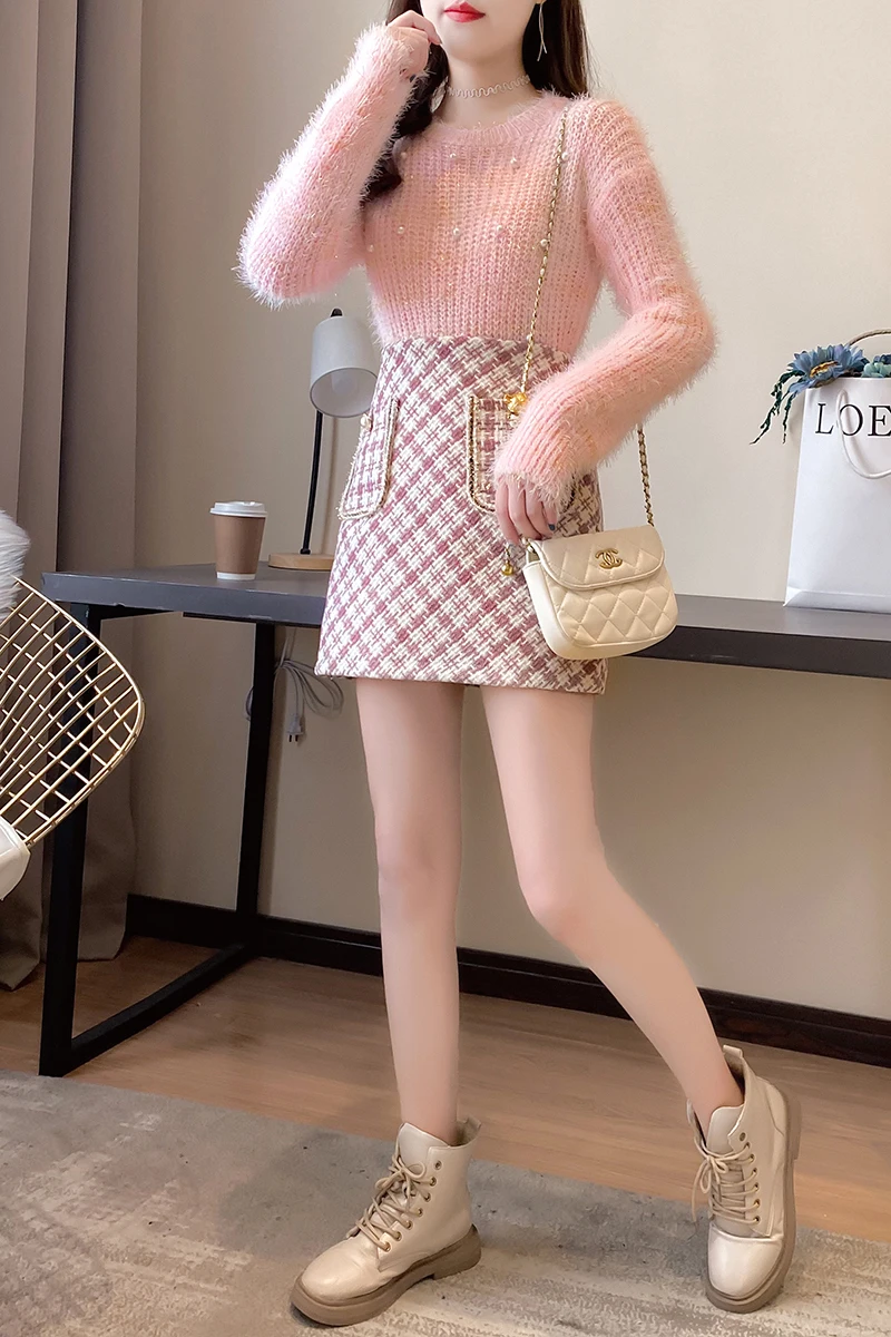 

ICHOIX 2020 Winter New Female Clothing Sweet Girl Gold Silk Thick Sweater Tweed Plaid Skirt Two-Piece Suit Elegant Outfits