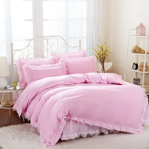 Pink Комплект постельного белья в Корейском стиле, кружевное постельное покрывало принцессы, пододеяльник из 2 предметов, наволочки, 4 предмета в партии, комфортный комплект из пушистой пряжи, противоскользящий - Цвет: Pink