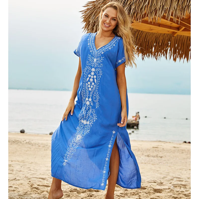 

New Cotton Beach Dress Saida de Praia Robe de Plage Embroidery Beach Cover Up Sarong Women Beach Pareo Tunic for Beach Swimwear