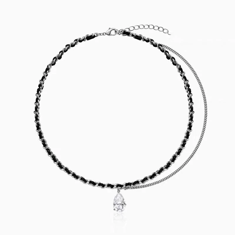 

New personality creative leather rope braided double layered clavicle chain Fashion Water Drop Zircon Women's Pendant wholesale