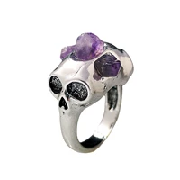 gothic punk retro skull ring fill in with irregular natural stone amethyst skeleton devil male ring trendy halloween jewelry