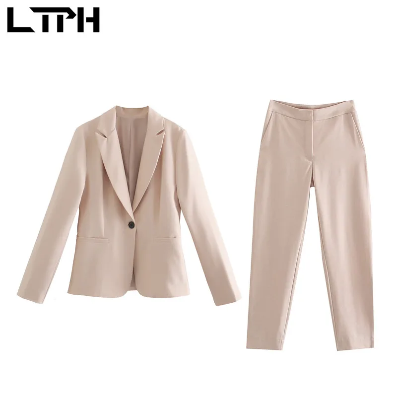 

LTPH simple vintage 2 piece set women solid women blazer casual sets high waist casual pencil trousers pant suits 2021autumn new