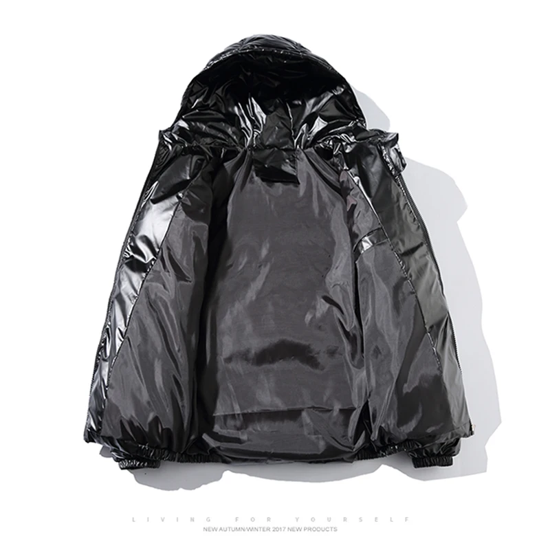 PARKLEES Winter Mens Warm Down Jackets Winter Glossy Metallic Silver Black Hooded Parka Outwear Cotton Padded Coats Men Jacket