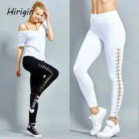 women stretch jeggings ankle length cross bandage workout high waist fitness elastic sides lace up pants white black trousers