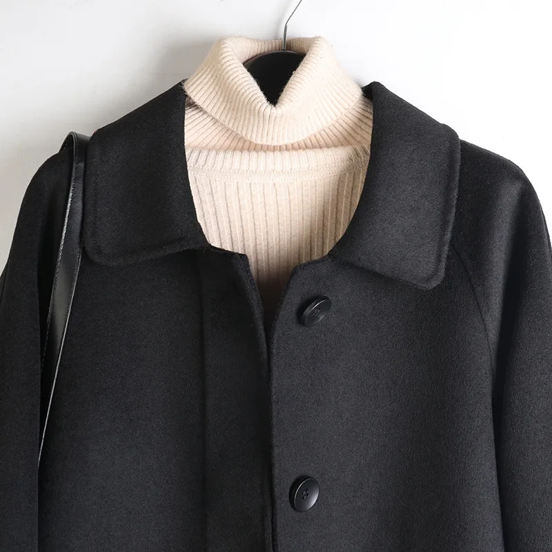 

2020 Autumn And Winter New Hand-stitched Double-sided Woolen Woolen Straight Mid-length Black Doll Collar Woolen Coat Women B163