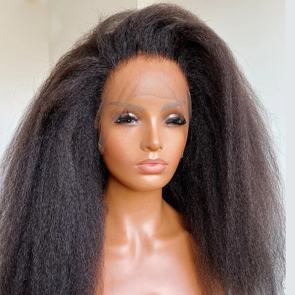 Kinky Straight Wig 13x4 Lace Front Human Hair Wigs Brazilian Virgin Glueless For Woman Afro 180 Density | Шиньоны и парики