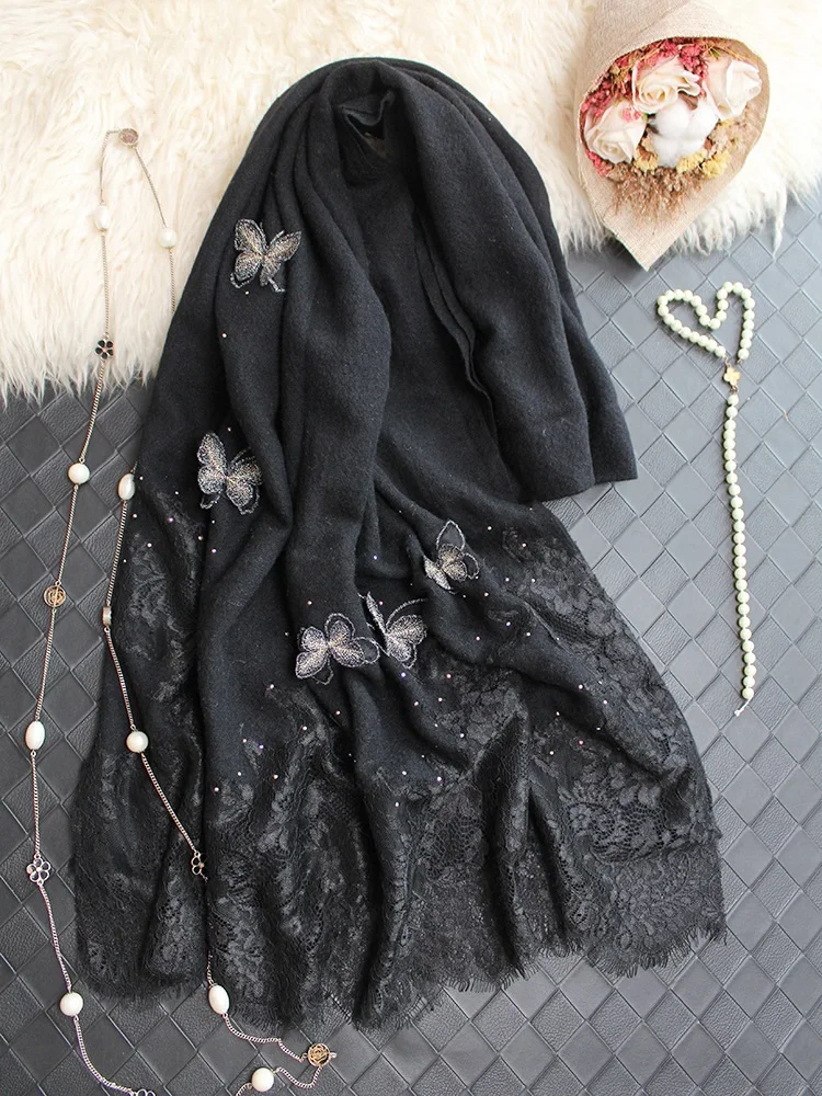

100% Wool Scarf w Lace Patchwork Women Top Grade Winter Scarves Wraps Shawl w Embroidery Butterfly 224*74cm Female Luxury Gifts