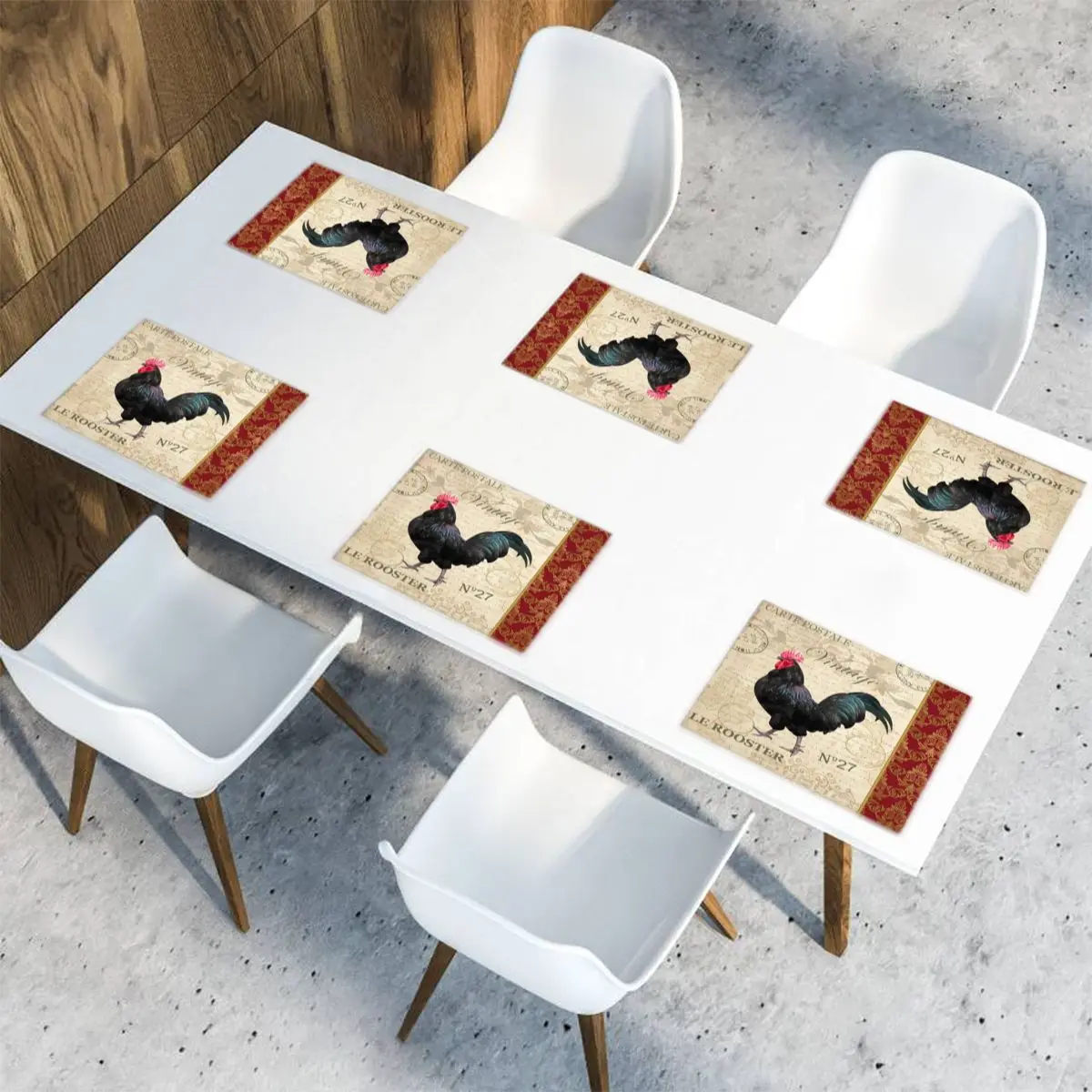 

6 Pcs Placemat Table Mat Vintage Postcard With Rooster For Tables Heat-insulation Linen Kitchen Dining Pads