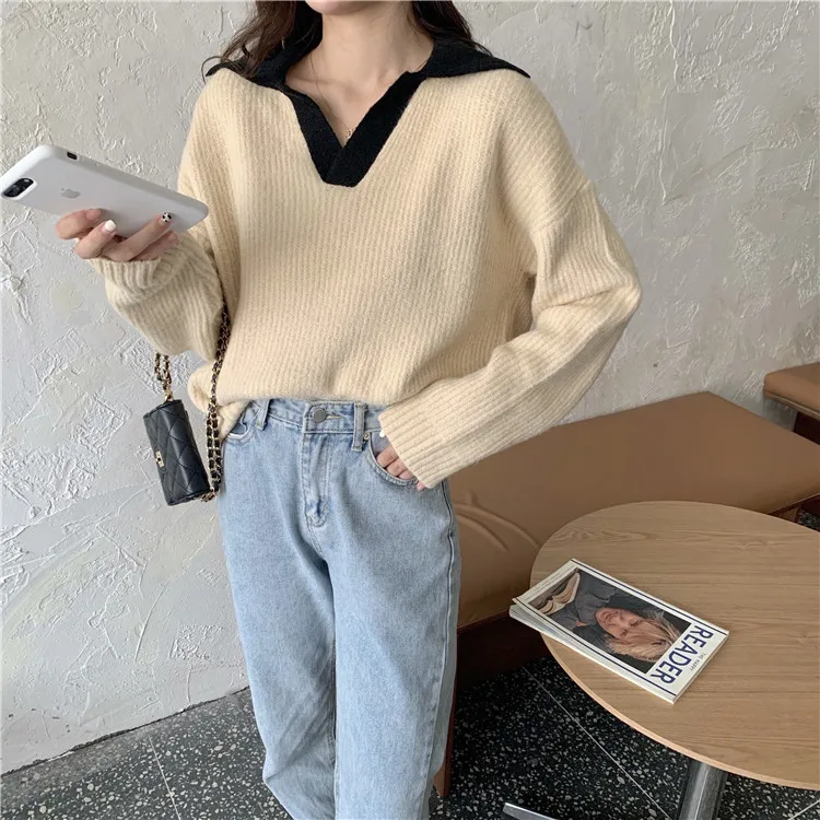 

Korean fashion Sweaters autumn winter clothes women v-neck long sleeve loose knitted ladies tops casual pullovers hipster new