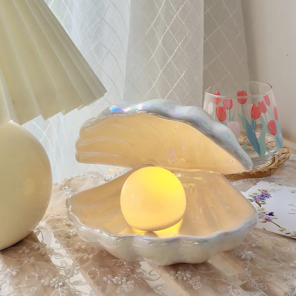 

Ceramic Shell Pearl Night Light Streamer Mermaid Fairy Shell Night Lamp For Bedside Home Desktop Storage Decor Lamp Girl Gift
