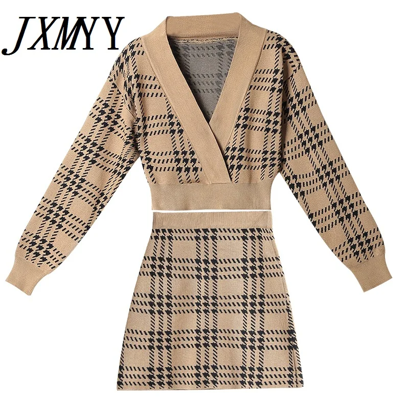 

JXMYY Retro Knitted Fashion Suit Skirt Female 2021 Autumn New V-Neck Small Fragrance Temperament Check Two-Piece Suit