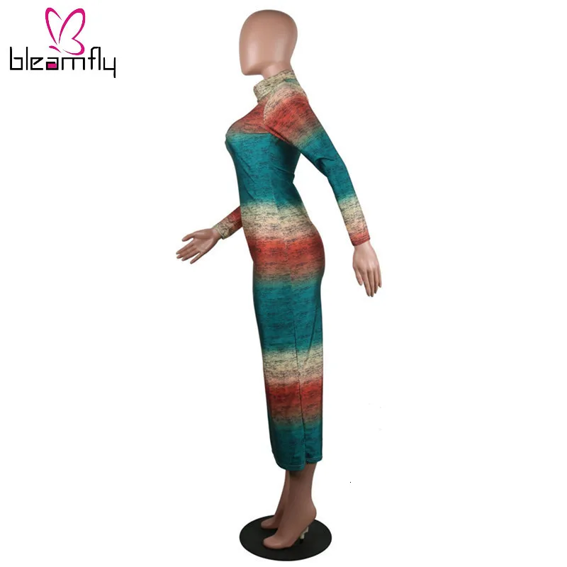 Градиентный цвет полосатый принт с длинным рукавом бодикон Платье женское