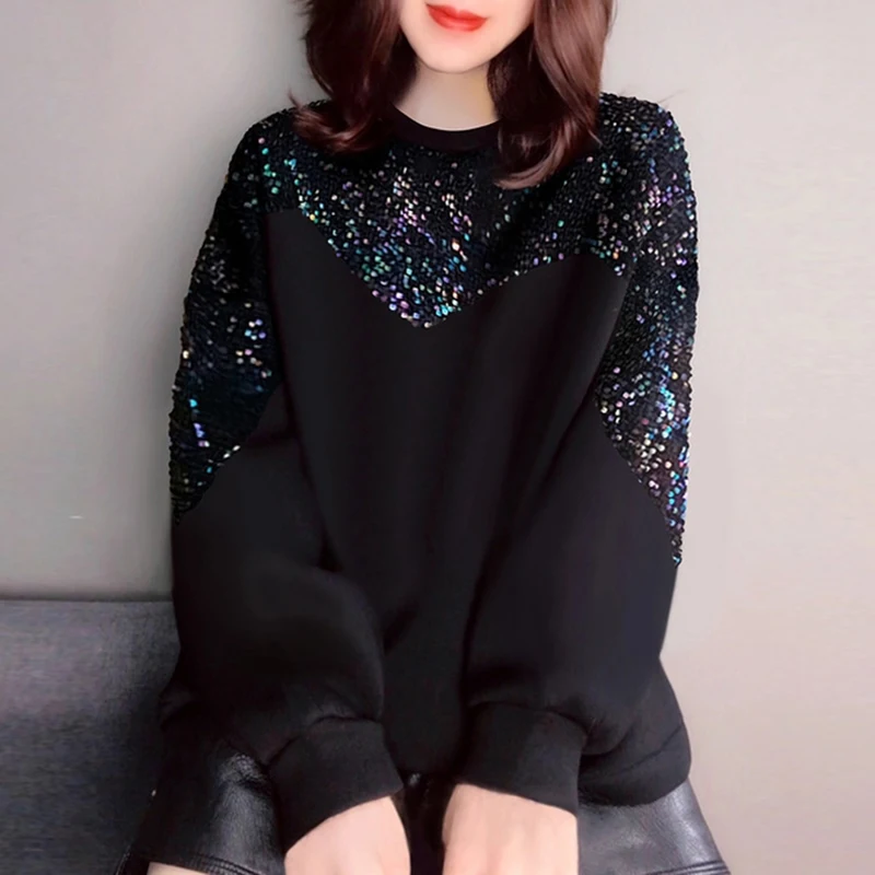 Свободные размера плюс пуловер Толстовка женская осень-зима толстовка с круглым