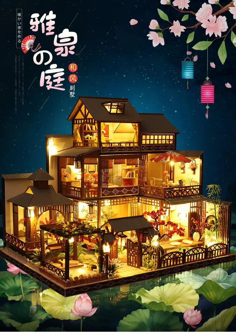 

Diy Doll House Toys Japanese Architecture Doll House Hot Spring House Japanese Style Simulated Villa Toy Lover Gift With Lamp