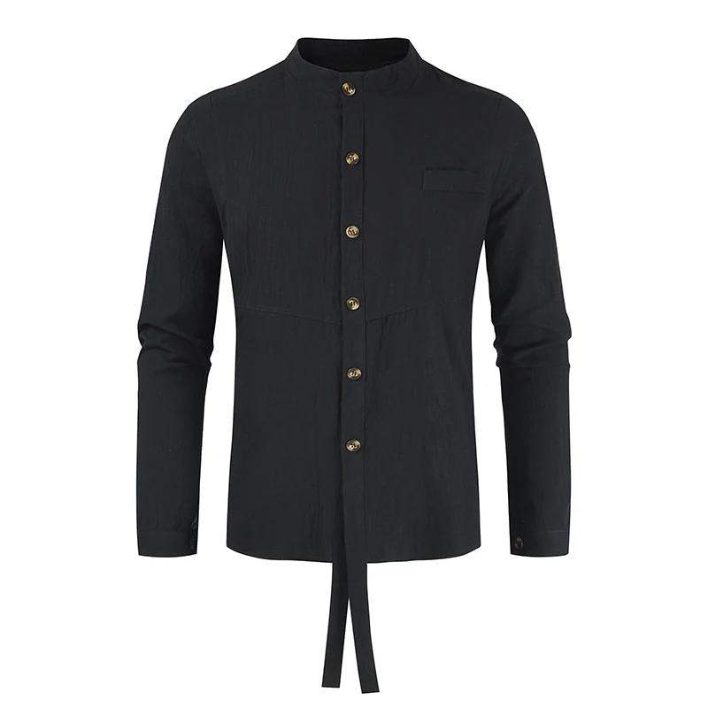 

Loldeal Men Shirt Long-sleeved Solid Color Cotton and Linen Slim Standing Collar Casual