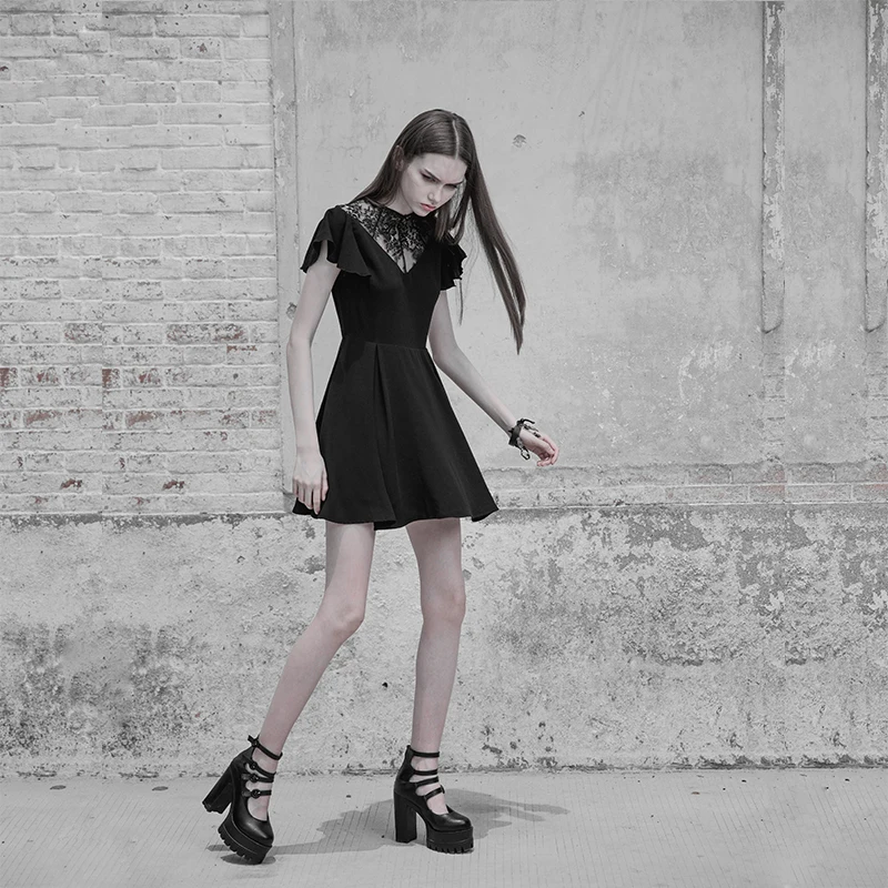 Женское платье в стиле панк готическое модное кружевное с v образным вырезом