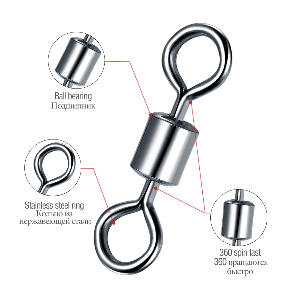 50PCS/10PCS Lot Fishing Swivel Sizes Solid Connector Ball Bearing Snap Fishing Swivels Rolling Stainless Steel Beads