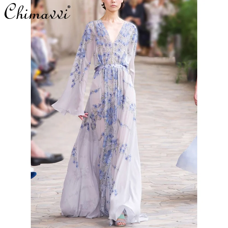 

Fashion Sexy V-neck Purple Printed Dresses Lady High Waist Slimming Floor-length Dress 2021 Spring Elegant Texture Dress