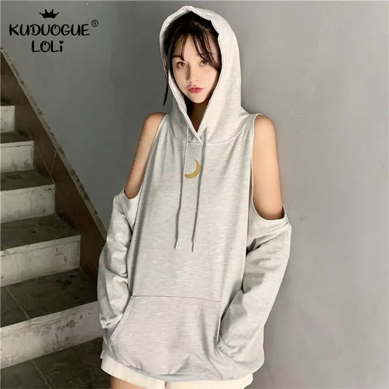 

All-match Moon Print Sexy Off Shoulder Long Loose Hoodie Sweatshirt Teenager Woman's Girls Hip Hop Thin Streetwear Harajuku Tops
