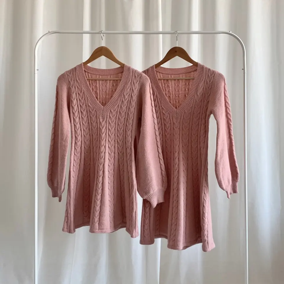 

Knitted Dresses for Women Autumn Winter 2021 Korean New Pullover Sexy V-Neck Long Lantern Sleeve A Line Sweater Dress