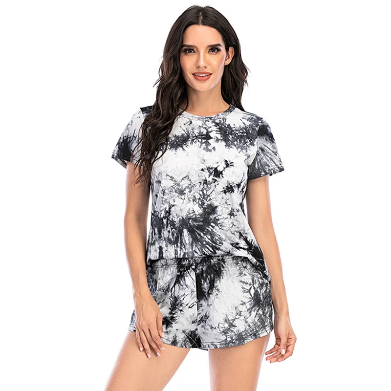 

Women's Cotton Breathable Tie-dye Summer Pajamas Suit Gradient Color Casual Loose Short-sleeved Top Homewear W1