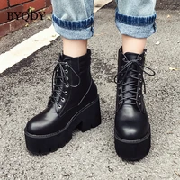 byqdy chunky heels women ankle boots lace up fashion round toe gothic thick bottom platform combat motorcycle boots plus size