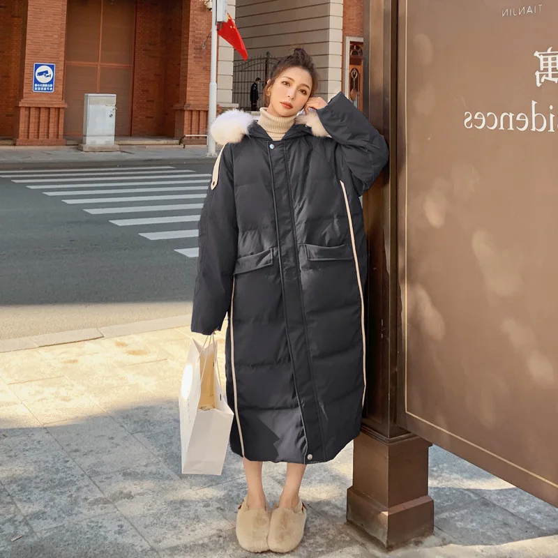 

Женская зимняя одежда с капюшоном и большим меховым воротником средней длины, пальто из белого утиного пуха и хлопка, универсальная Толстая...