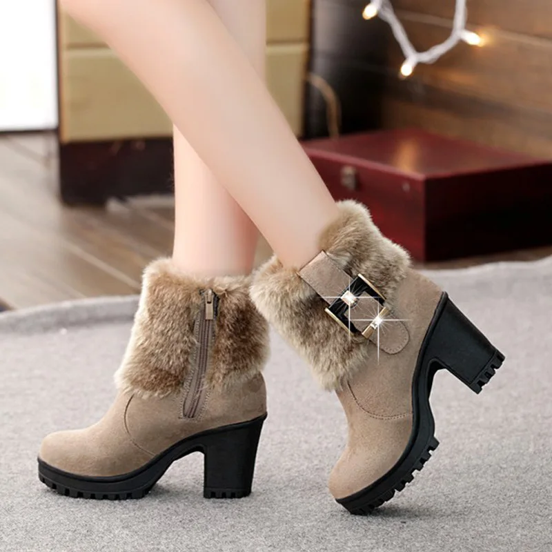 

2020 new ankle boots women winter warm fur high heel short Martin boots fashion black square platform snow shoes ankle boots