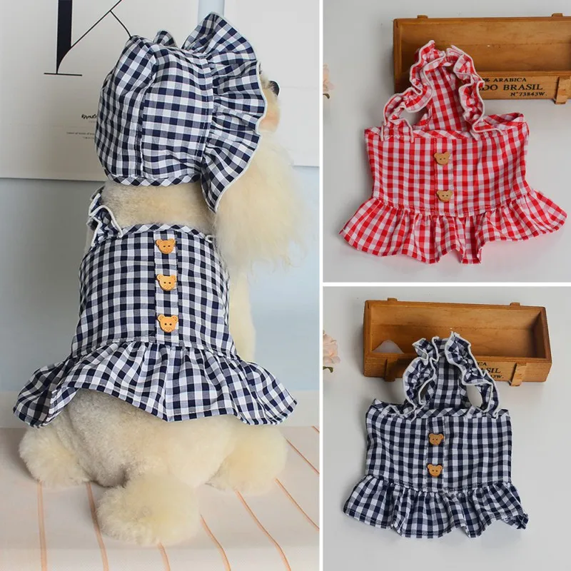 

Summer Dog Plaid Dress Pet Princess Dress with Hat for Summer and Spring Cute Pet Dog Clothes Puppy Costume