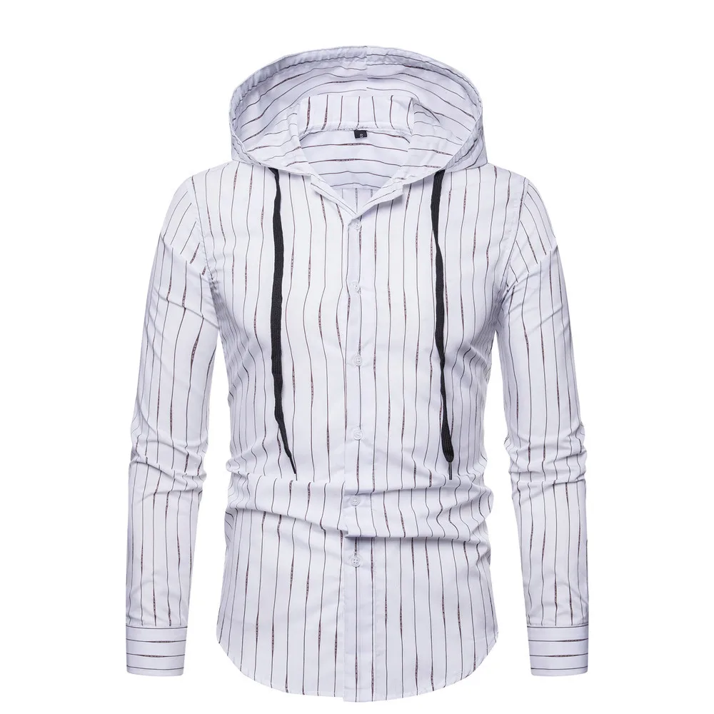 

SWAGWHAT Men's Casual Shirt Striped Hooded Slim Fit Men's Shirt Long Sleeve Formal Dress Shirts Men Clothing camisa masculina
