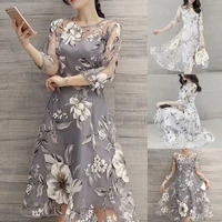 hot sales women o neck 34 mesh sleeve floral print large swing double layer midi dress