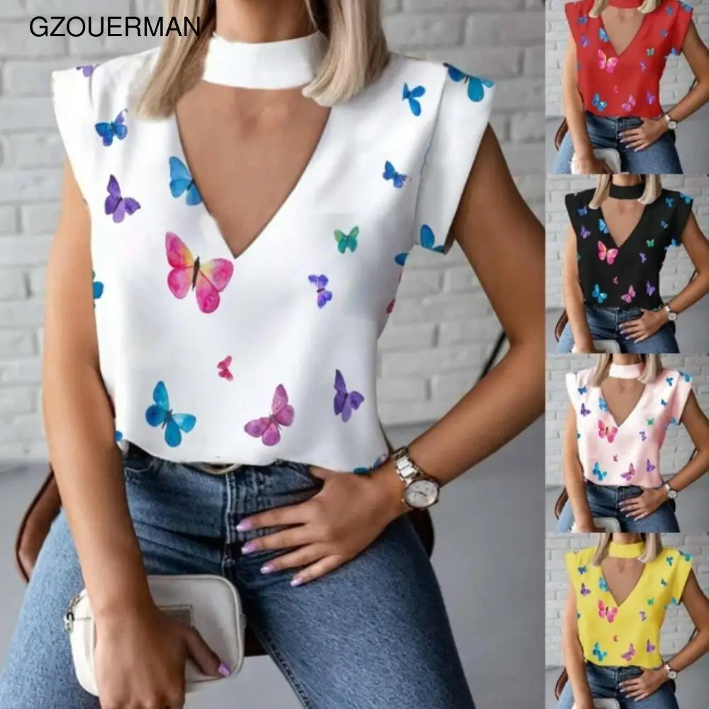 

Women New Fashion Hot Style Summer Short Sleeve V-neck Hollow Out Neck Butterfly Printing Shirt Female Tops T-shirt