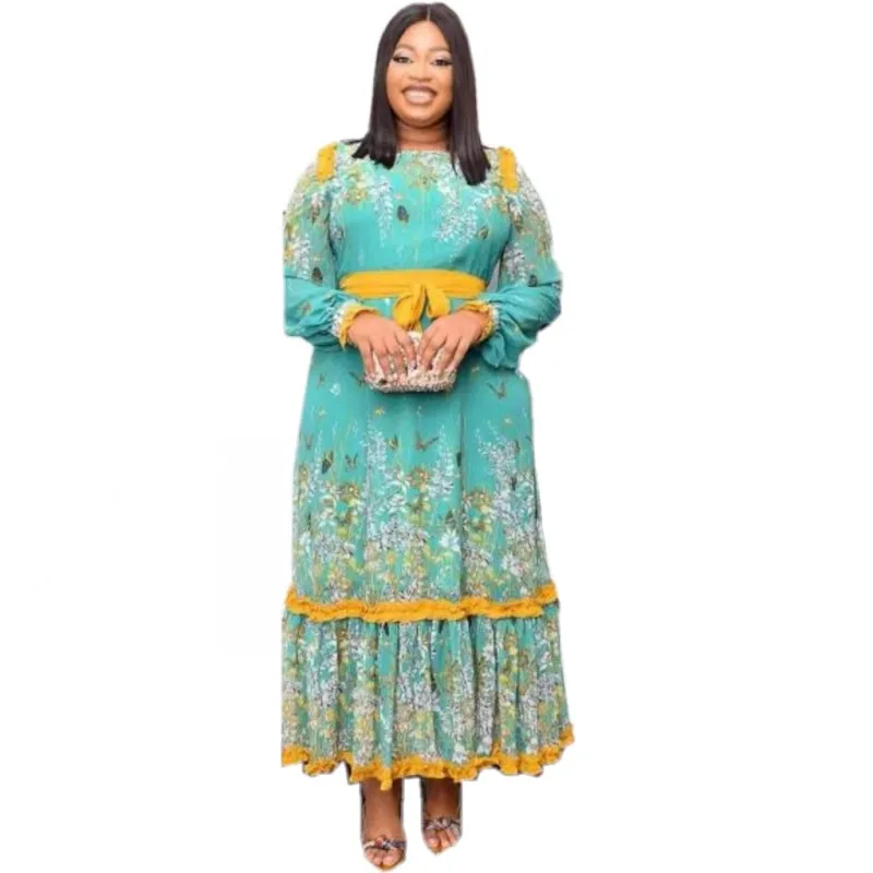 

African Dresses For Women Dashiki Floral Chiffon Dress New Autumn Loose Long Sleeve Maxi Dresses African Clothing Green Vestidos