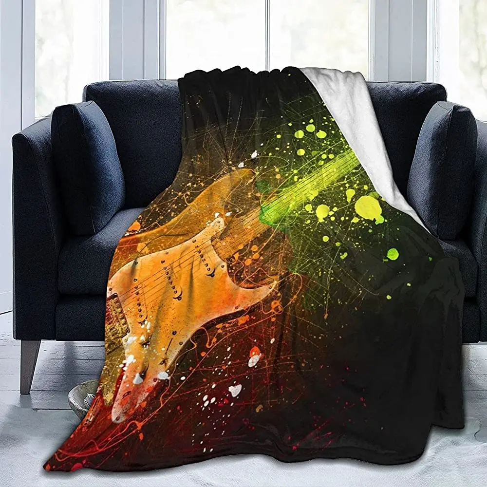 

Music Guitar Orange Green Blanket 60"X50" Flannel Throws Blankets for Couch Sofa All Season Super Cozy Plush Blanket
