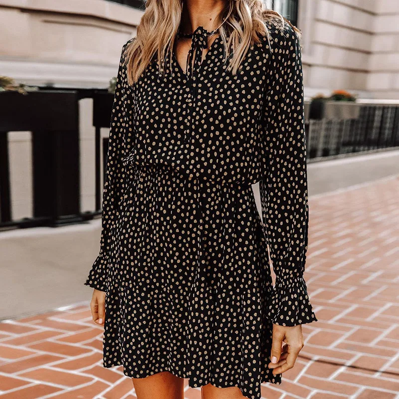

Women's cross-border explosive 2021 spring loose polka dot lantern sleeves v-neck swing dress dress