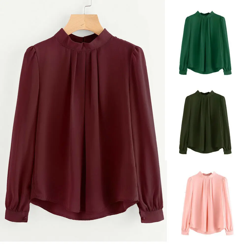 

Women Blouse Shirt Fold Loose Casual Chiffon Long Sleeve Shirt Tops Blouse Shirt