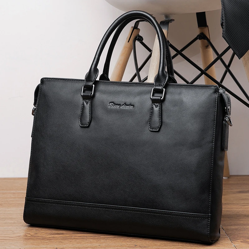 Мужская деловая сумка BISON DENIM черная сумка-мессенджер из натуральной кожи