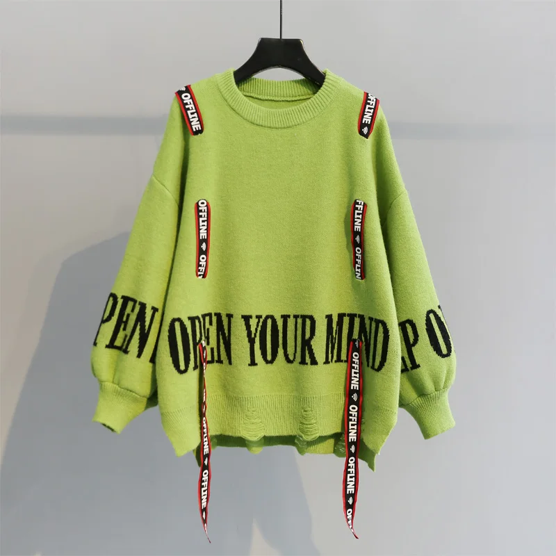Vangull Knitted Women Sweater 2020 new Winter Fashion Letter Printed Ribbon Loose Irregular long sleeve Pullovers | Женская одежда