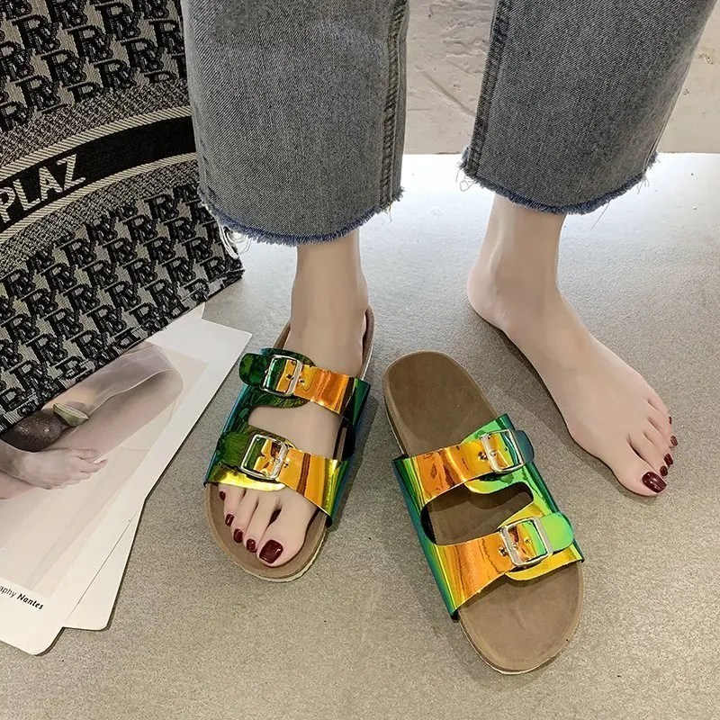 

Clear shoes 2021 new summer open toe belt buckle flat slippers ladies Snake shallow casual beach Slide woman shoes fashion