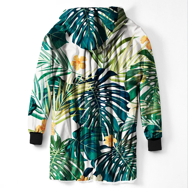 Шерпа с зелеными листьями одеяло капюшоном и рукавами покрывало тропическими
