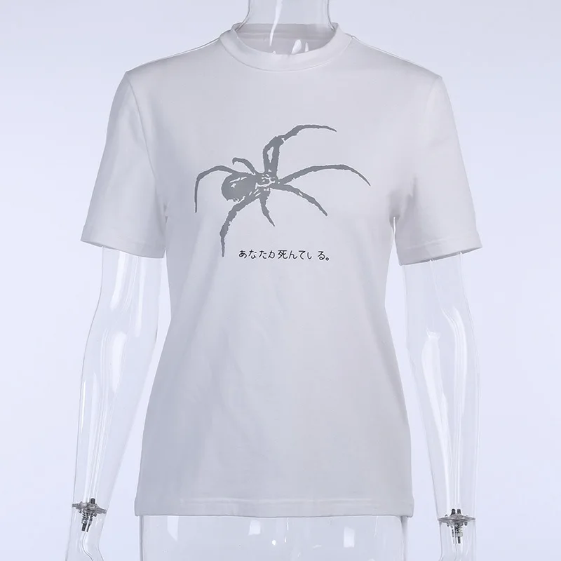 

Goth Dark Vintage Gothic Grunge Harajuku Reflective Spider Print Women T-shirt Emo Y2K Egirl Summer 2021 Chic White Tshirt Punk